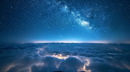 A breathtaking nightscape showcasing the Milky Way galaxy towering over a blanket of clouds and snow-capped peaks
