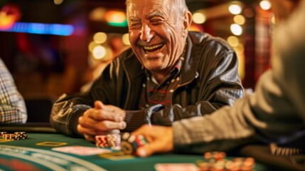 Happy senior gentleman playing cards and enjoying a good time with friends at a casino