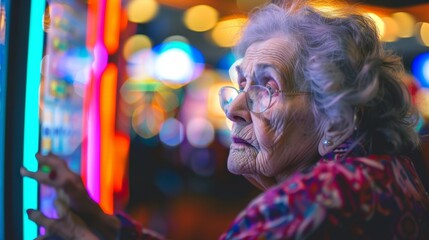 The image captures an elderly lady participating in the act of playing a slot machine, with neon casino lights as a backdrop