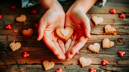 Mains jointes tenant un biscuit en forme de coeur