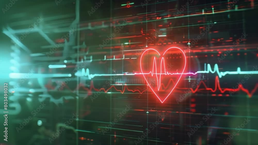 Poster A glowing red heart shape merges with a vibrant heartbeat signal on a futuristic digital interface.