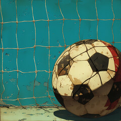 Aged sports ball resting near a goal net