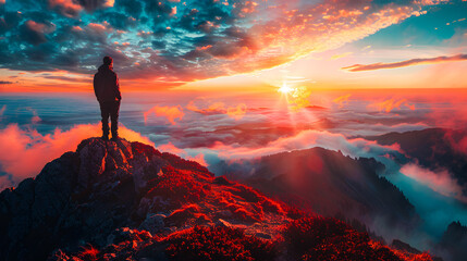 Homme au sommet d'une montagne regardant le paysage embrumé