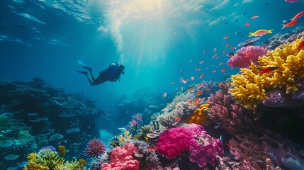 A fearless diver exploring a vibrant coral reef, swimming alongside schools of tropical fish and marveling at the kaleidoscope of color beneath the waves.