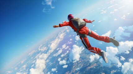 A fearless skydiver hurtling through the air, adrenaline pumping as they freefall towards the earth below with nothing but blue skies and clouds for company.