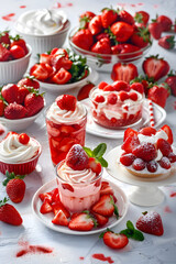 Delicious and Appealing Array of Variety Strawberry-Based Recipes Displayed on Light Background.