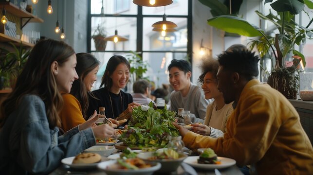 A group of coworkers enjoying a team lunch at a trendy cafe, with plates of avocado toast and artisanal salads.