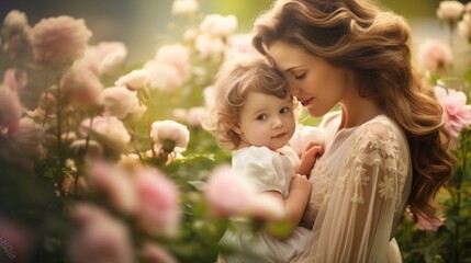 Sweet mother and child connection with soft blurred garden background