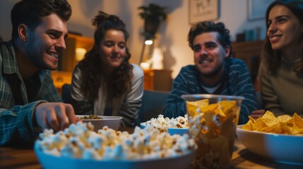 A group of friends gathered around a table for a game night, with bowls of popcorn and plates of nachos within easy reach.