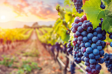 Red wine grapes on vine in summer vineyard on blurred vineyard background, close up with copy space. - Powered by Adobe
