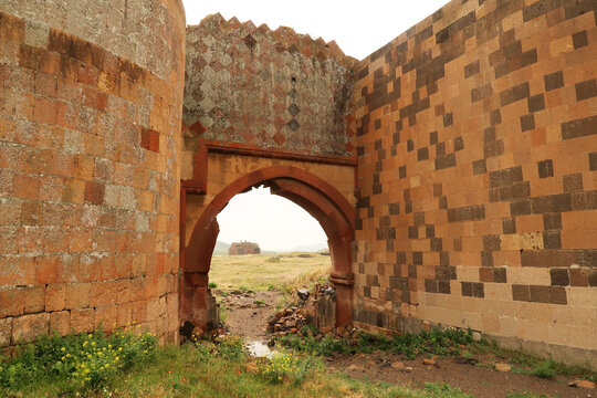 View through the Chequerboard, Chequer-board, chequer board Gate onto the Cathedral of Ani, Church of the Holy Mother of God at the ancient site of Ani, close to Kars, Turkey