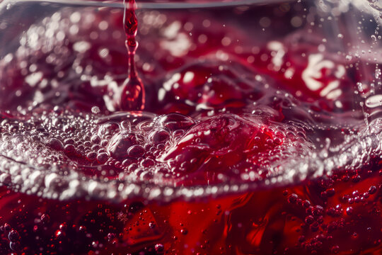 Red wine splashing with bubbles close up and Dew Point on glass, abstract wine with bubbles and foam texture background banner.