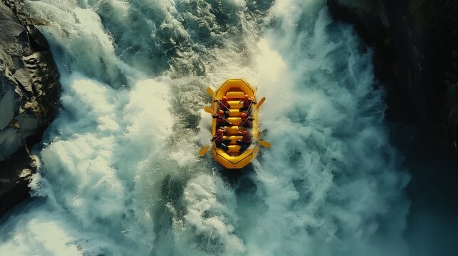 A group of thrill-seekers braving the roaring waters of a wild river, rafting through foaming rapids and plunging down heart-stopping waterfalls.