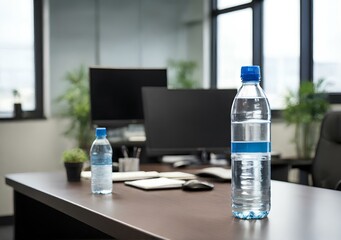 There is a bottle of water on the desk in the office.