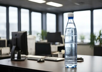 There is a bottle of water on the desk in the office.