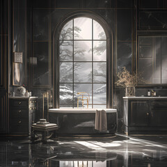 Obraz premium Luxurious Spa-Inspired Bathroom featuring a Large Freestanding Bathtub and Grand Window
