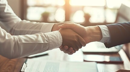 Two businesspeople shaking hands over a desk in a sunny office.