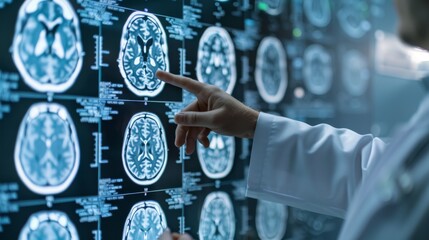 Doctor analyzing MRI brain scans on a digital screen. - obrazy, fototapety, plakaty