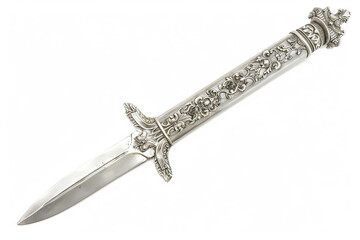 Elegant and regal battle dagger with a silver filigree hilt isolated on solid white background.