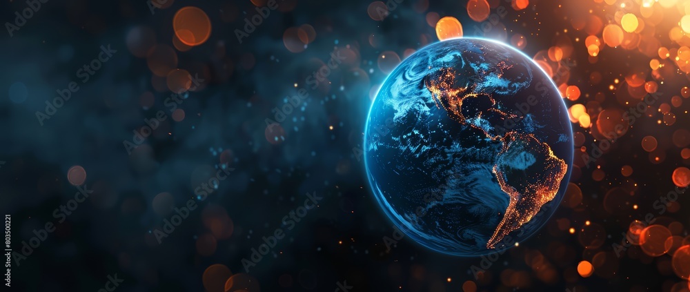 Wall mural world globe with bokeh effect and dark background. view on planet earth from space.
