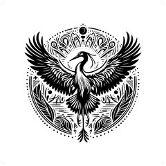 Heron bird silhouette in bohemian, boho, nature illustration