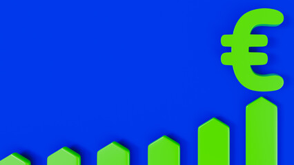 3d illustration of green euro value increase graph on blue stage, 3d illustration, horizontal image