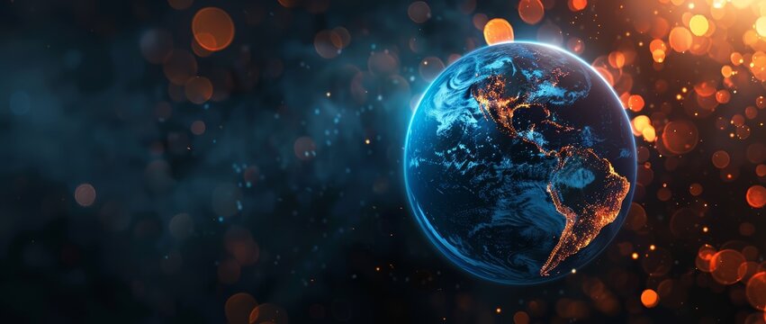 World globe with bokeh effect and dark background. View on planet earth from space.
