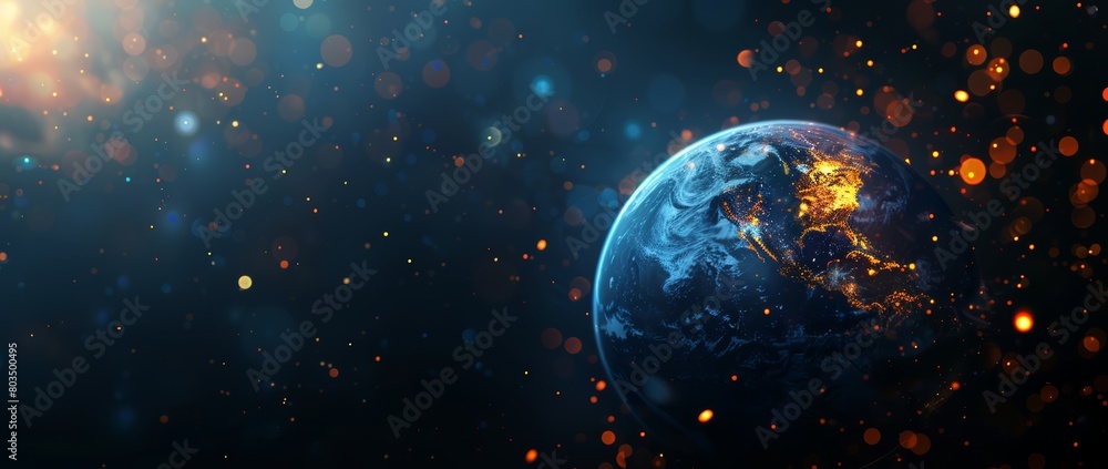 Wall mural world globe with bokeh effect and dark background. view on planet earth from space.