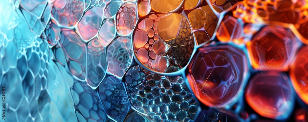 Poster vibrant 3d hexagonal cellular texture with a fluid, reflective surface, suitable for backgrounds