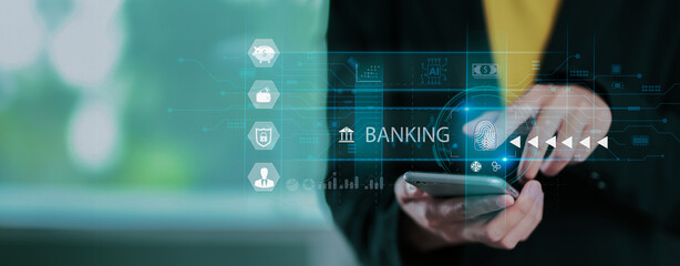 Businessman holding word banking in hand with network connection of Ai banking and financial,...