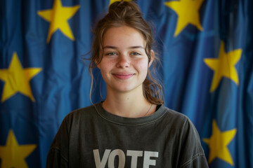 young European election voter portrait in front of the European Union flag - obrazy, fototapety, plakaty