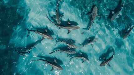 Aerial Photography of Baby Sharks in the Sea - obrazy, fototapety, plakaty