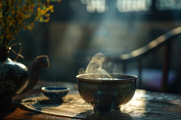 The steam rising from a cup of bitter gourd tea, creating an inviting and soothing atmosphere.