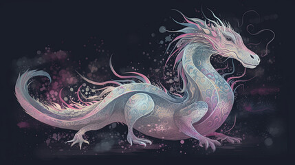 A full body illustration of a mystical creature in the style of Contemporary illustration, background with a grey sky and pink shapes swirling around it, fauxfurcore, depicting the creature with iride