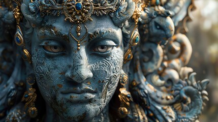 Engage the audience with a photorealistic digital rendering of a majestic deity viewed from eye-level, radiating a sense of mystique and awe through intricate textures and lighting effects