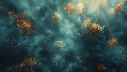 Illustrate a dreamlike forest scene with a surreal touch, portraying a tilted aerial view, blending natures beauty with heliotype techniques