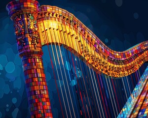 Illustrate a mesmerizing pixel art image of a close-up harp, showcasing vibrant colors and intricate patterns in a stylized and modern way