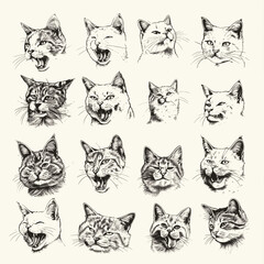 Obraz premium Collage of detailed black and white sketches depicting cat expressions.