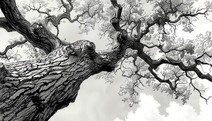 Illustrate a panoramic view of a weathered Oak tree using intricate pen and ink techniques Focus on the texture of the bark and the play of light and shadow to create a captivating and detailed artwor