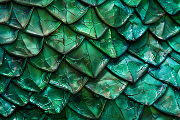 Texture of green forest dragon or mermaid scales close up, shiny crystal green blue metallic gorgeous colorful fantasy scales backgrounds.