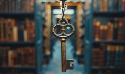 Fototapeta premium Skeleton key hanging from an old bookshelf, side light, dusty atmosphere, historic and nostalgic