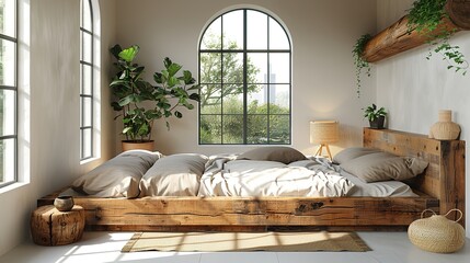 The rustic wooden bed against empty white wall with copy space. Scandinavian loft interior design of modern bedroom.