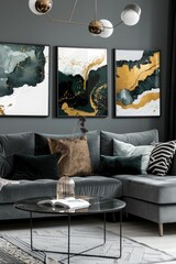 Set of abstract art posters, gold black and white texture, concept art, room decoration generative ai