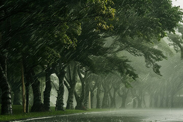 Trees bending under the force of strong winds and rain during a storm.