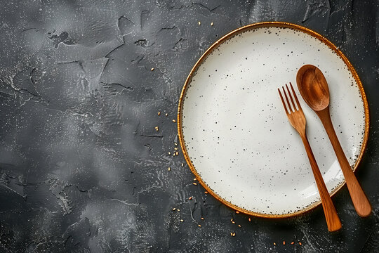 Top view of An empty plate with cutlery on a dark concrete background