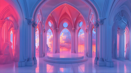 Pink and Purple Gothic Castle Interior with Cloudy Sky Background