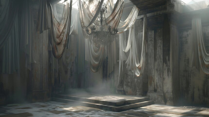 Abandoned 3D Scene with Candlestick and Hanging Fabrics