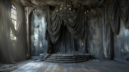 Abandoned 3D Scene with Candlestick and Hanging Fabrics