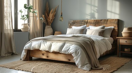 The rustic wooden bed against empty white wall with copy space. Scandinavian loft interior design of modern bedroom.