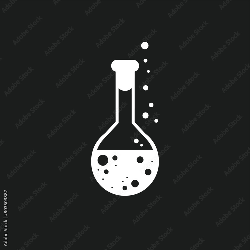 Poster white laboratory flask with bubbles on a black background.